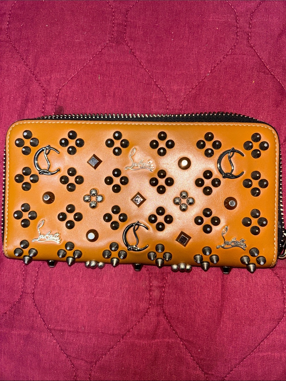 Authentic Christian Louboutin Orange Studded Zip-Around Wallet